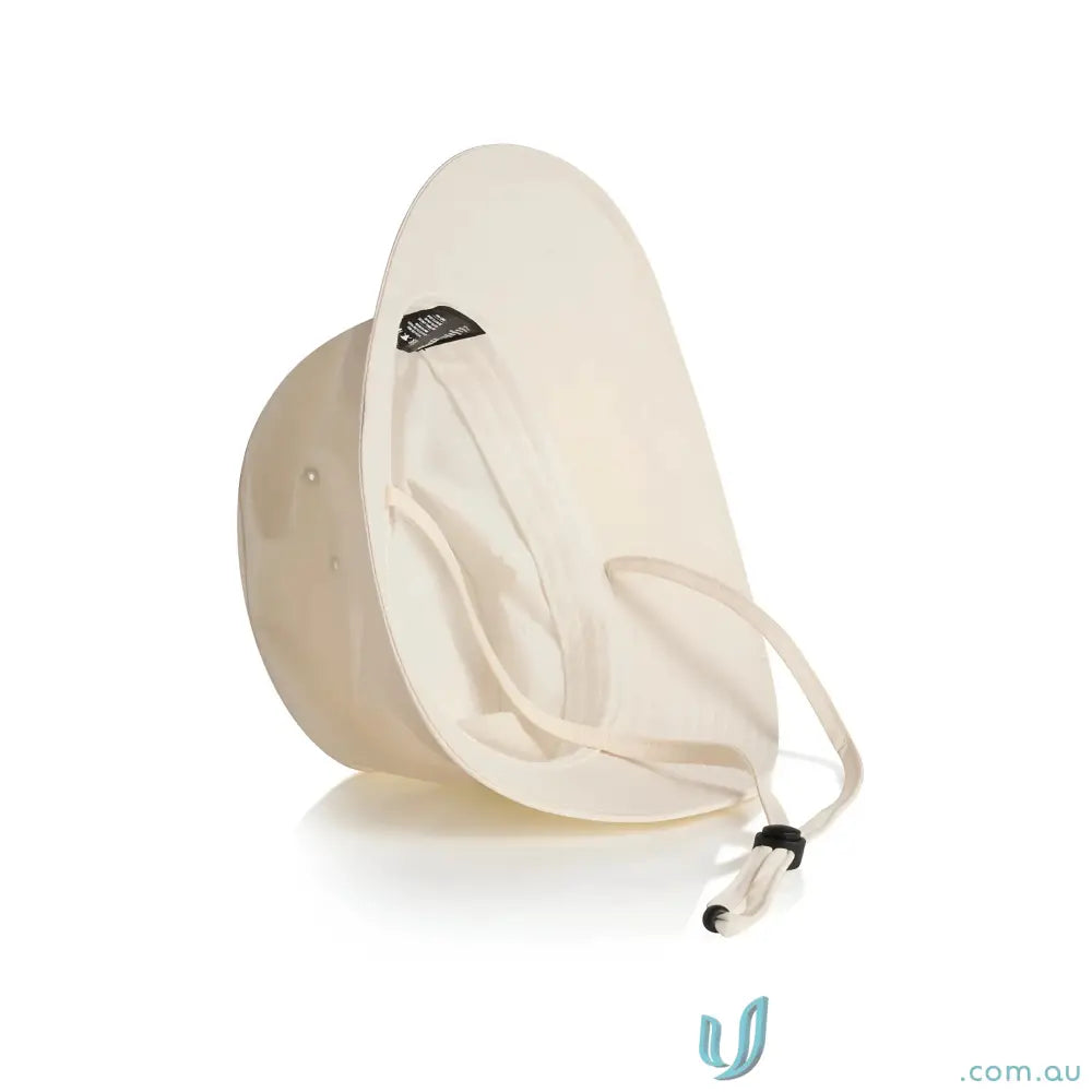 Off-white nylon wide brim bucket hat with chin strap and reinforced wide brim