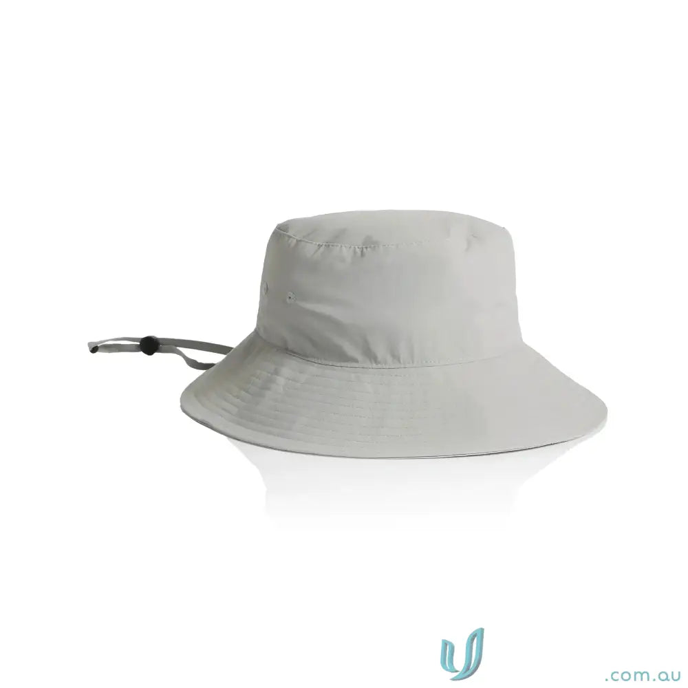 Light gray durable nylon wide brim bucket hat with adjustable chin strap for sun protection