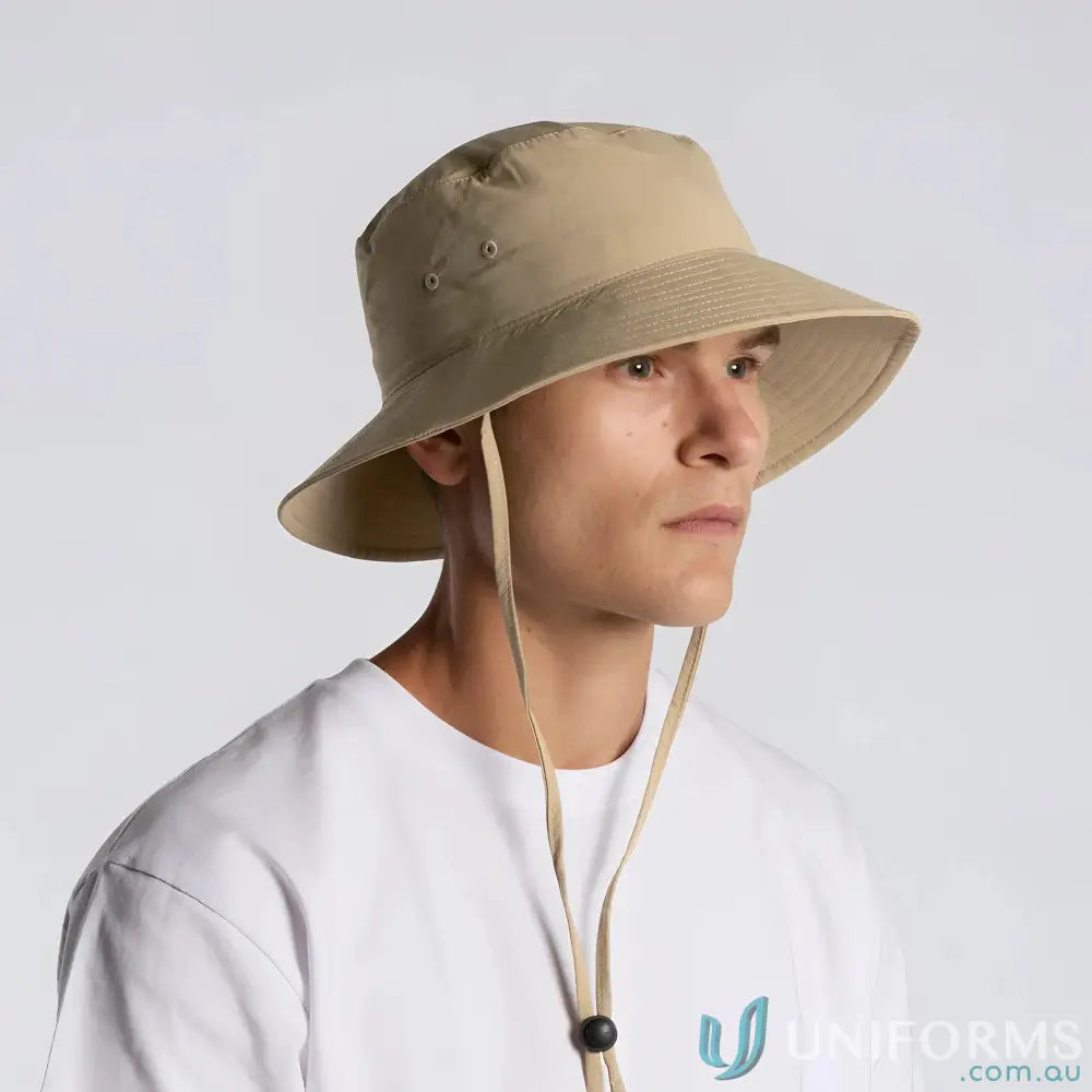 Tan Durable Nylon Wide Brim Bucket Hat with Adjustable Chin Strap for sun protection
