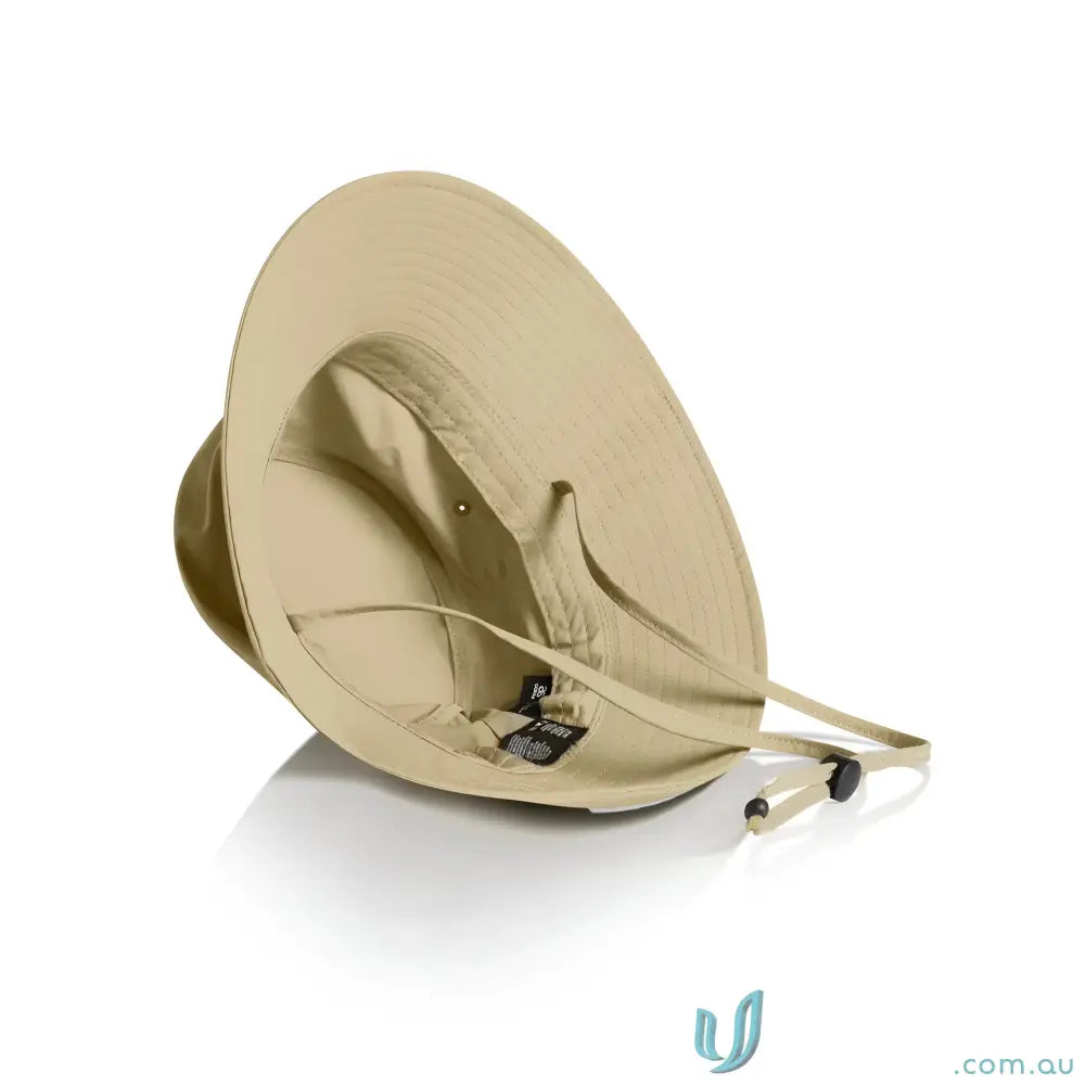 Tan wide brim bucket hat with adjustable chin strap and reinforced wide brim for sun protection