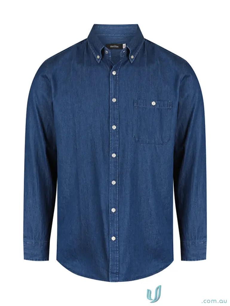 Blue denim button-down shirt perfect for work uniforms, vintage blue, Indigo Blue style