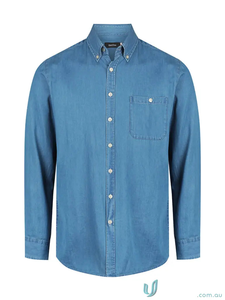 Blue denim button-down shirt perfect for work uniforms or vintage blue style in Indigo Blue