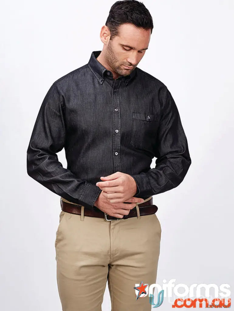 Man in vintage indigo blue Dylan Denim L/S Shirt and khaki pants for work uniforms