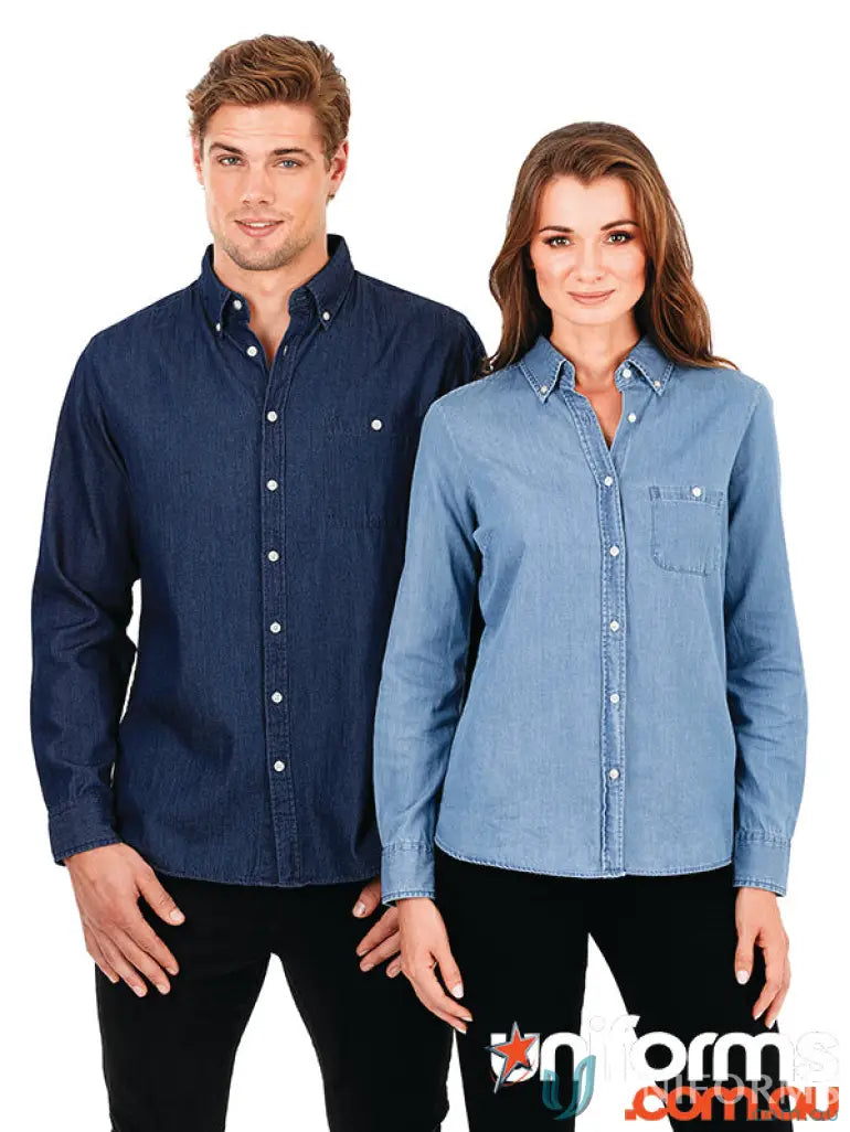 Dylan Denim L/S Shirt showing two vintage indigo blue denim button-down shirts perfect for work uniforms