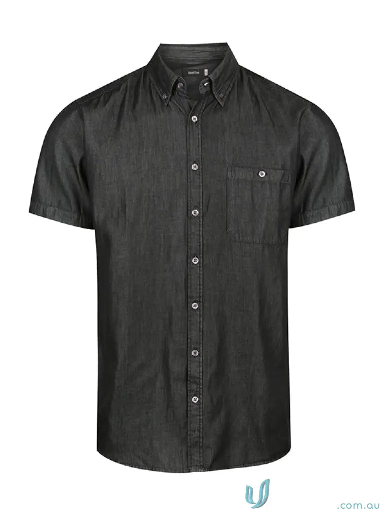 Dark gray short-sleeved button-down shirt perfect for uniforms and workwear styling
