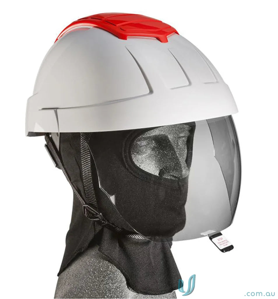 White hard hat with face shield and FR Balaclava for impact energy protection out of crumple zones