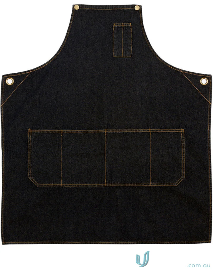 Black cotton denim apron with pockets from East Village Denim Bib Apron collection