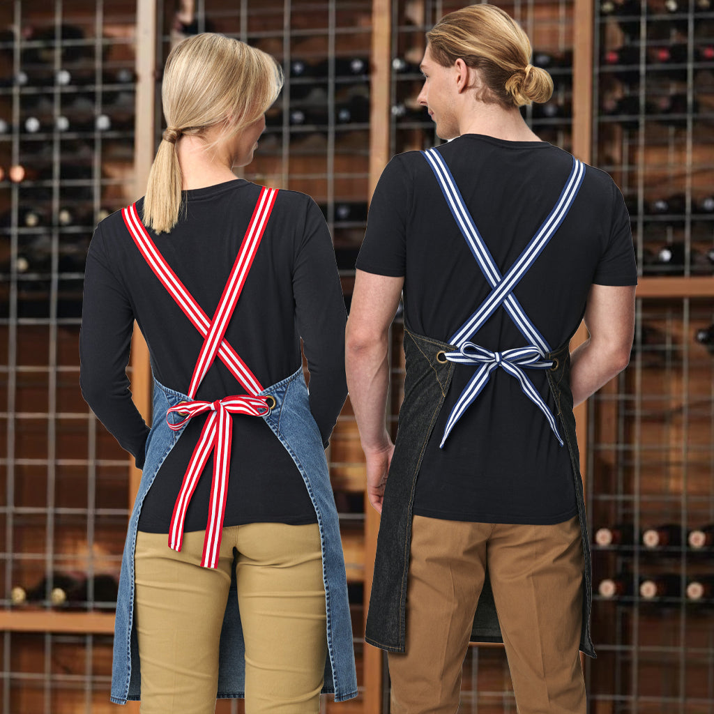 East Village Denim bib apron with striped straps for women and men