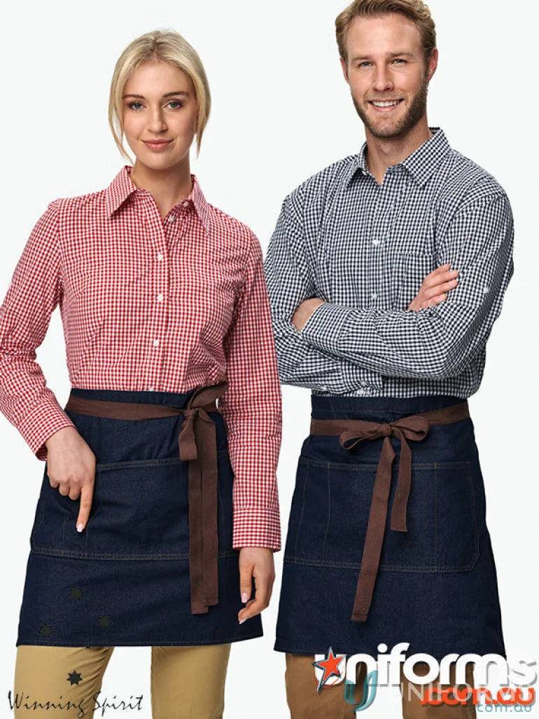 Two models wearing matching gingham shirts and East Village Half Denim Aprons AP08 M3001