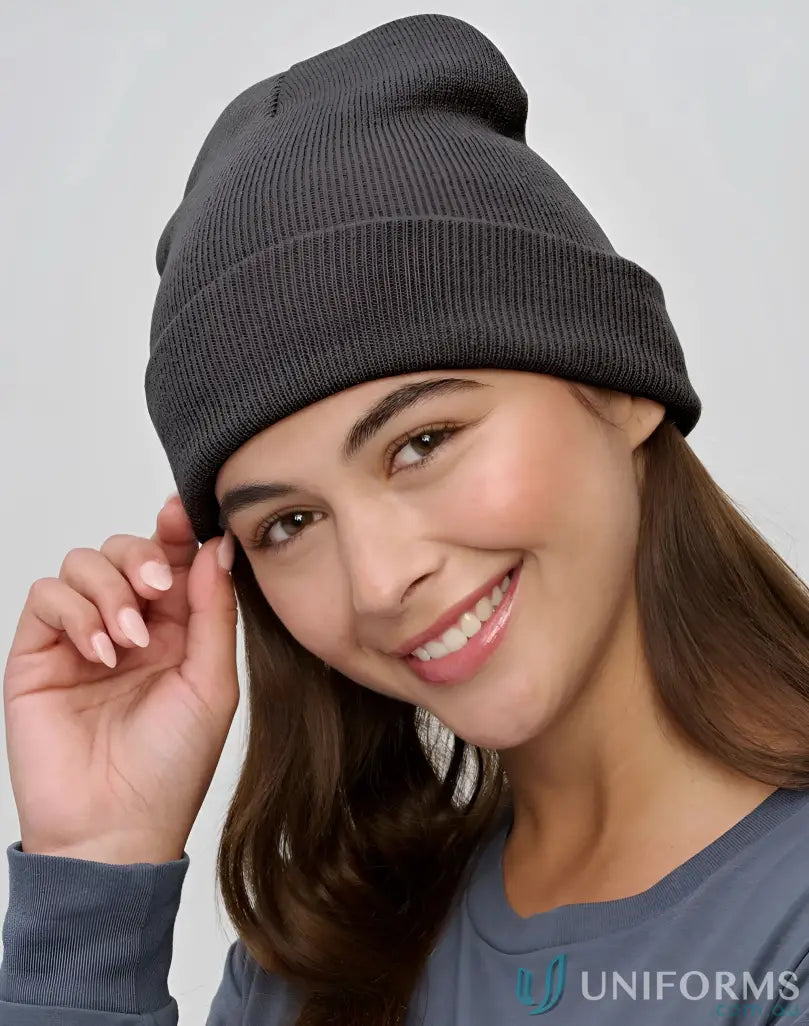 Gray knit eco roll up beanie made from certified recycled PET RPET knit beanie