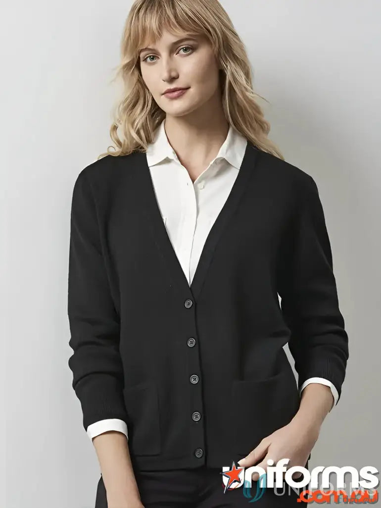 Black button-down cardigan from EILBECK Ladies Cardigan, perfect for work uniforms