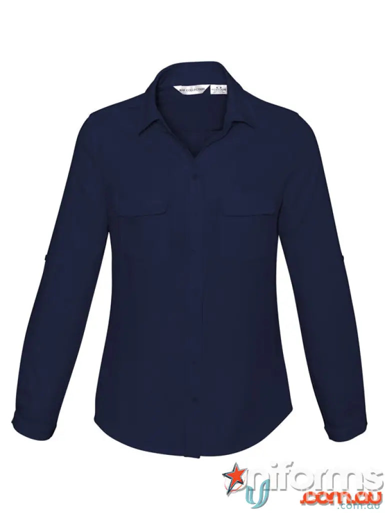 Navy blue EILBECK Ladies LS Blouse with mechanical stretch, roll-tab sleeves, perfect for workwear
