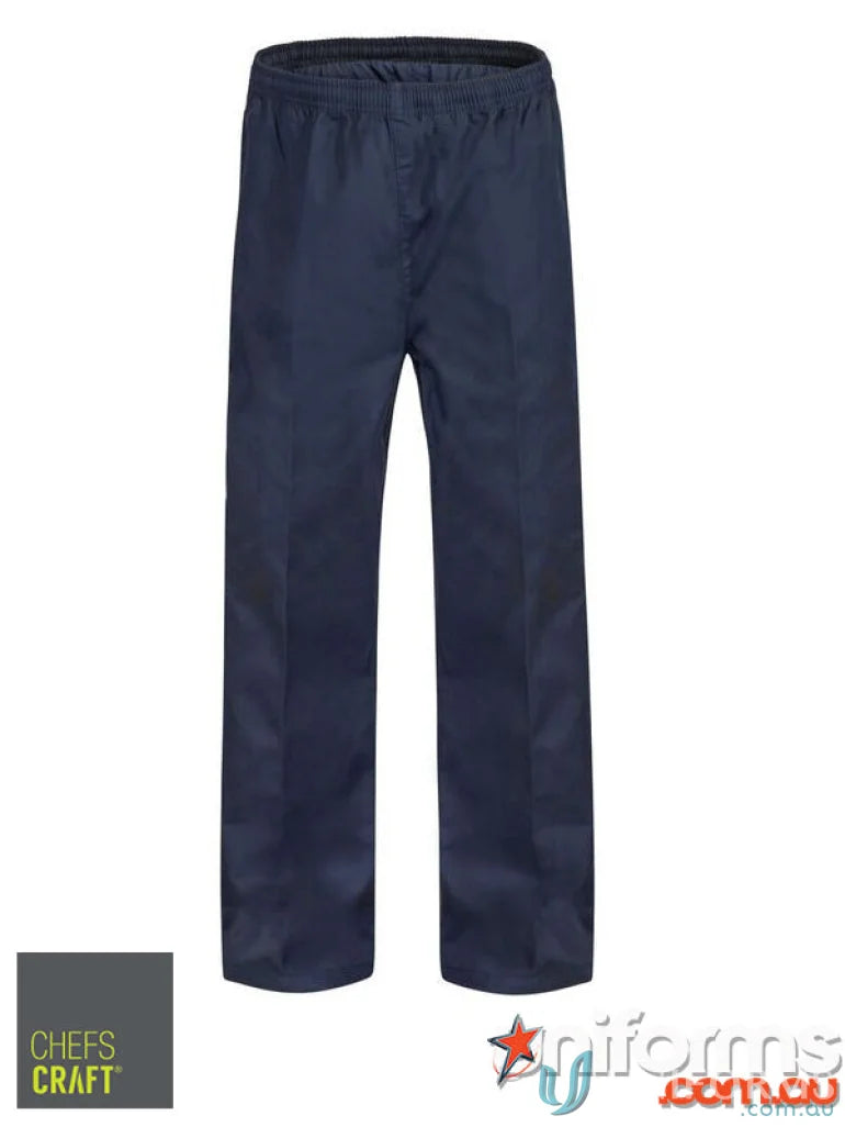 Navy blue chef pants with elastic drawstring waist and reinforced stress points for food industry work