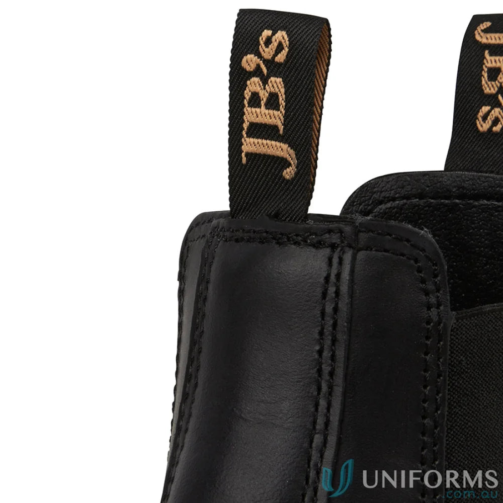 Black leather workwear safety boot with durable sole and elastic sides for uniforms