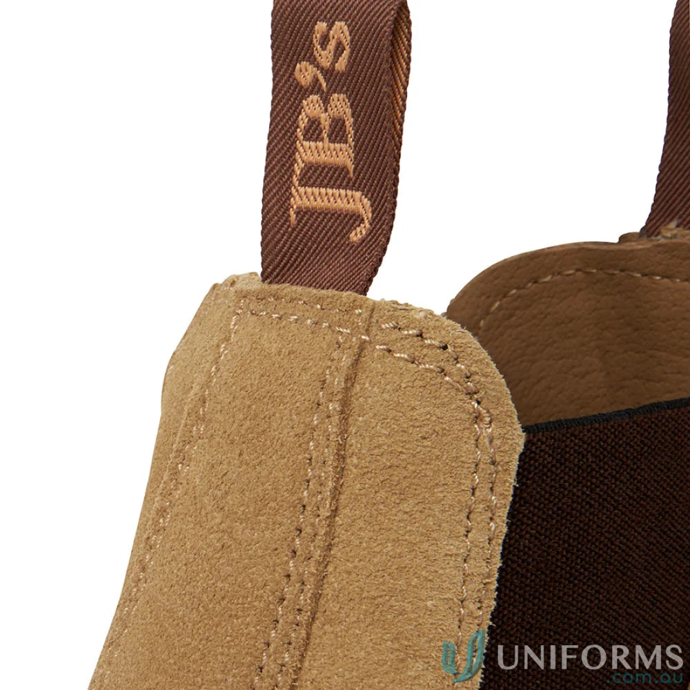 Tan suede boot detail with durable sole for workwear and uniforms in the Elastic Sided Safety Boot SAND
