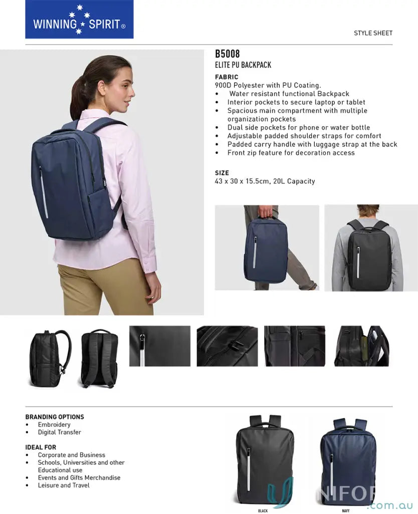 Elite PU Backpack showing multiple features for staying organized and winning spirit elite style