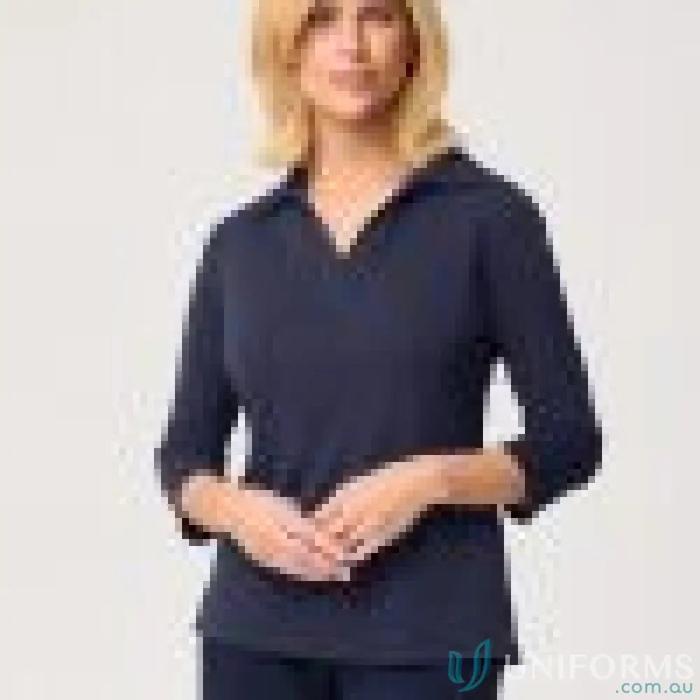 Navy blue polyester matte jersey Ella 3qrt Sleeve Polo Top from City Collection Ella