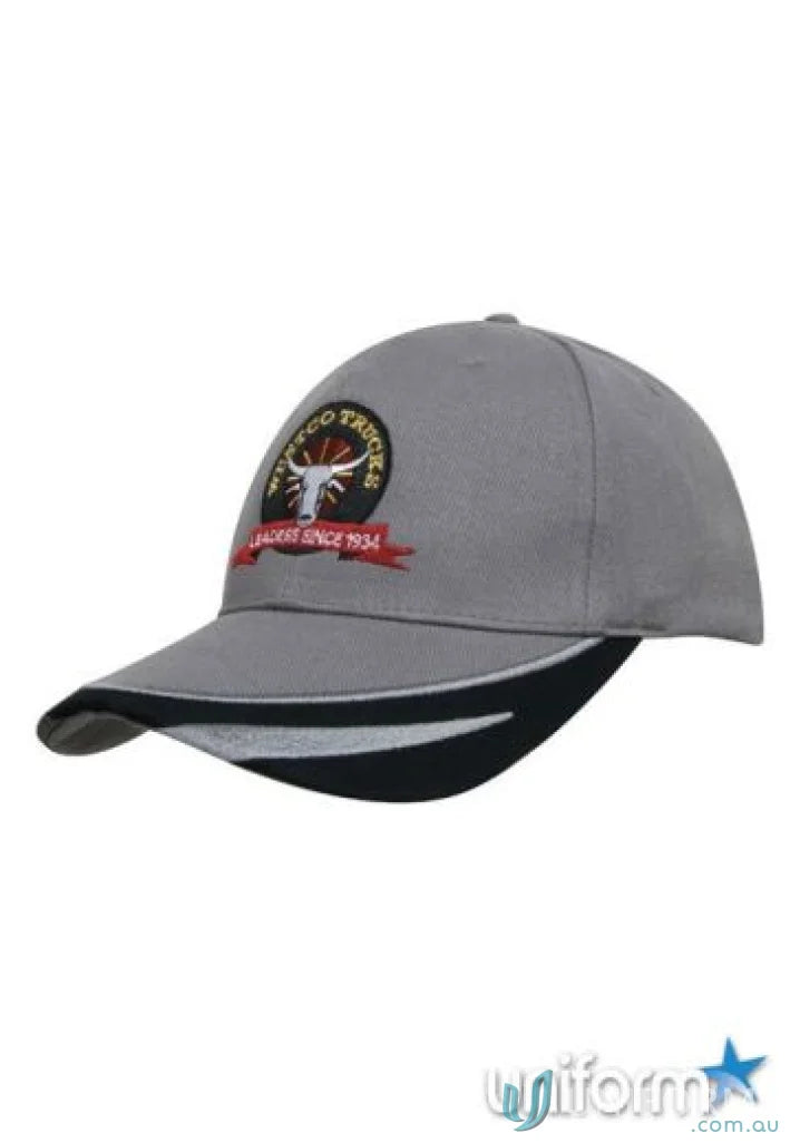 Gray embroidered peak trim cap with stylish peak trim and embroidered peak detail