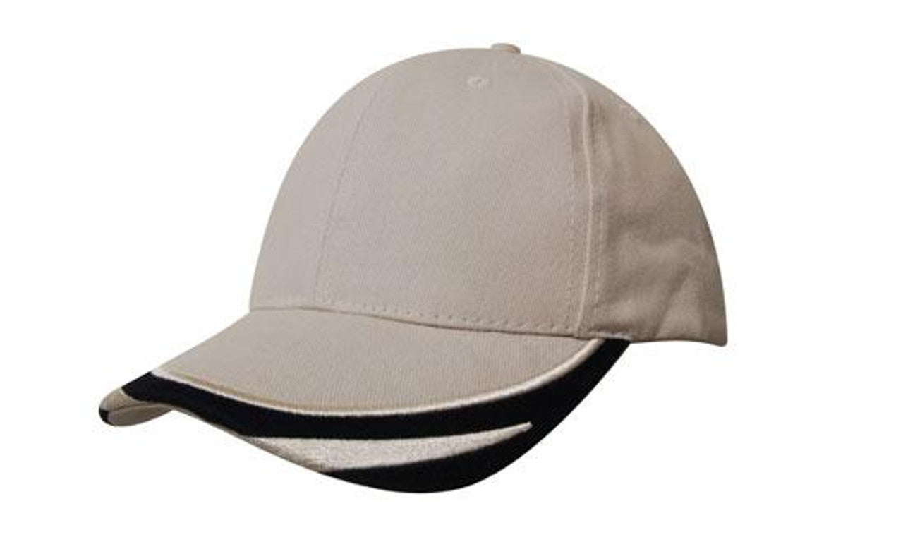 Embroidered peak trim cap in beige with black white striped brim