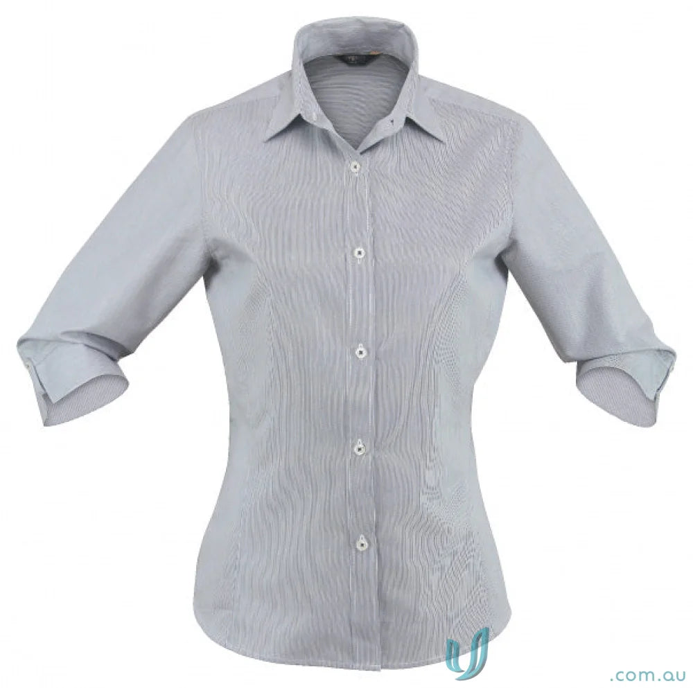Light gray ladies button-up shirt with stripes, perfect for workwear and uniforms