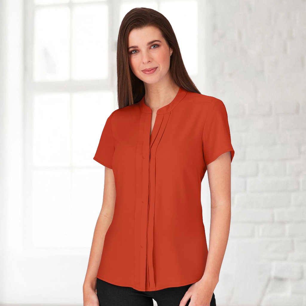 Rust Envy SS Shirt: silky v-neck blouse with relaxed fit, concealed buttons