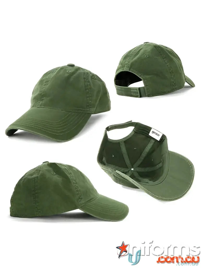 Four views of the Enzyme Washed Cap in green, perfect for sports uniforms and cap style fans