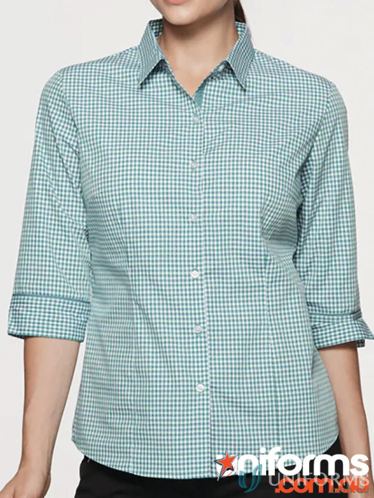 Green and white checkered tonal Epsom Lady Shirt 3/4 Sleeve for uniforms or workwear