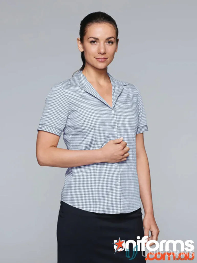 Tonal gingham collared short-sleeve shirt perfect for workwear or uniforms at Epsom Lady