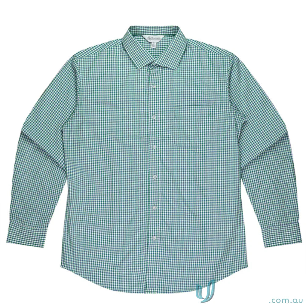 Epsom long sleeve green white checkered collar trim shirt with anti-pill treatment