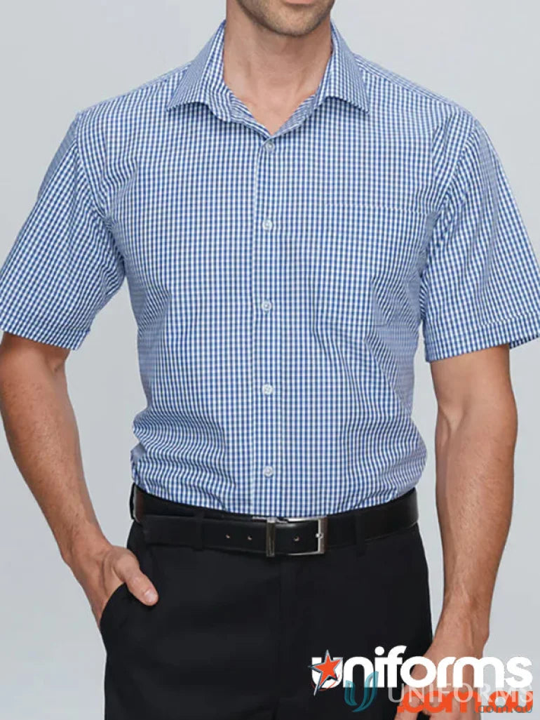 Blue and white checkered Epsom Mens SS Shirt, perfect for casual mens uniforms