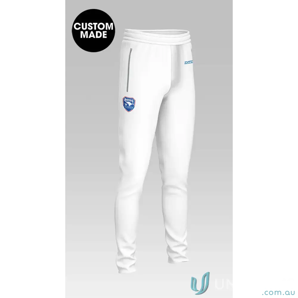 White custom-made sweatpants from ERCC Junior Cricket Pants for youth cricket training