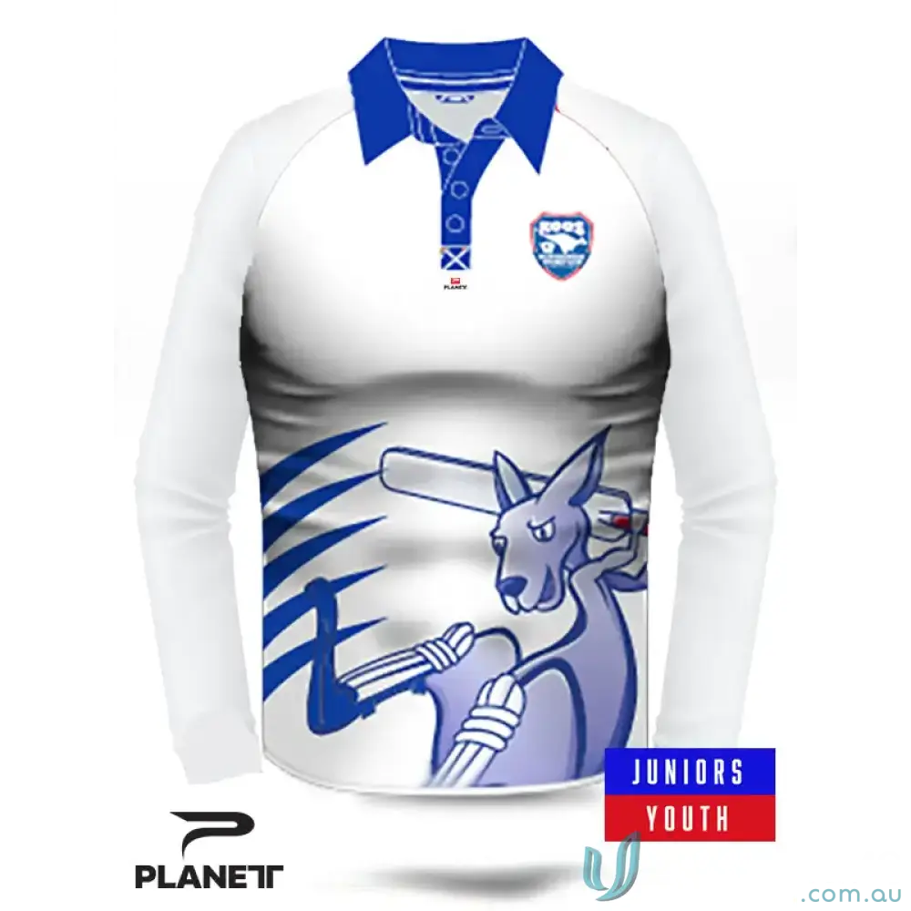 Long-sleeved cricket shirt with kangaroo design for ERCC Junior White LS Polo, perfect for Ringwood Cricket Club fans