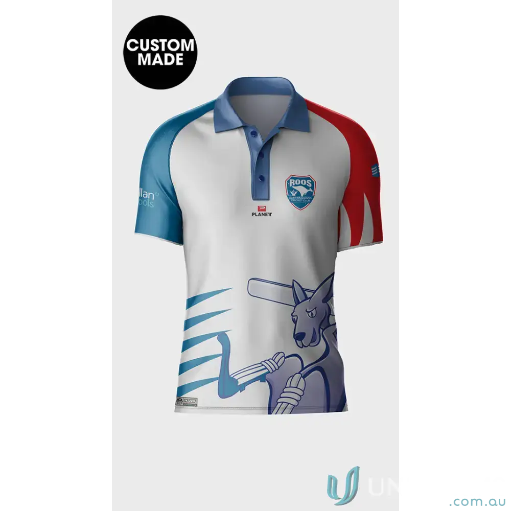 Custom-made ERCC Junior Cricket polo shirt with kangaroo design, quick production time