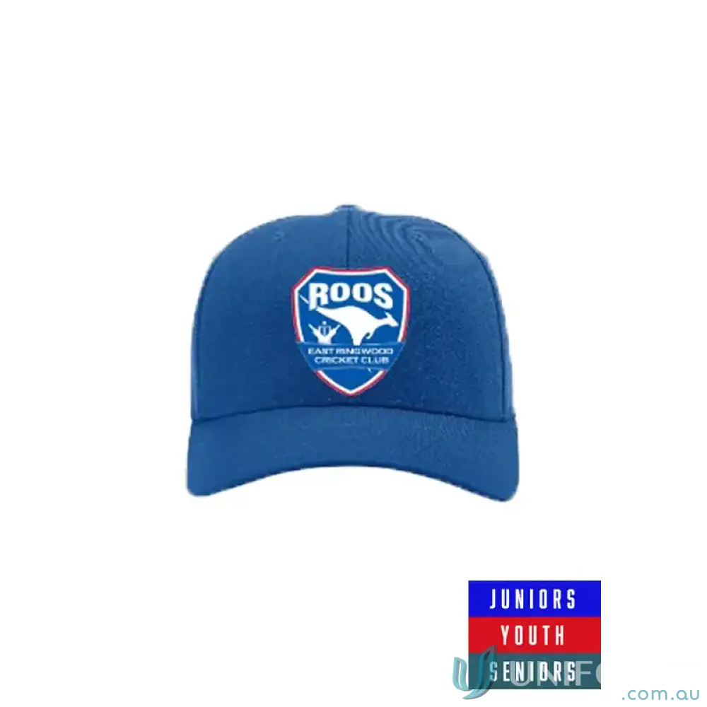 Blue ERCC Royal Cap featuring East Ringwood Cricket and Ringwood Cricket Club logo
