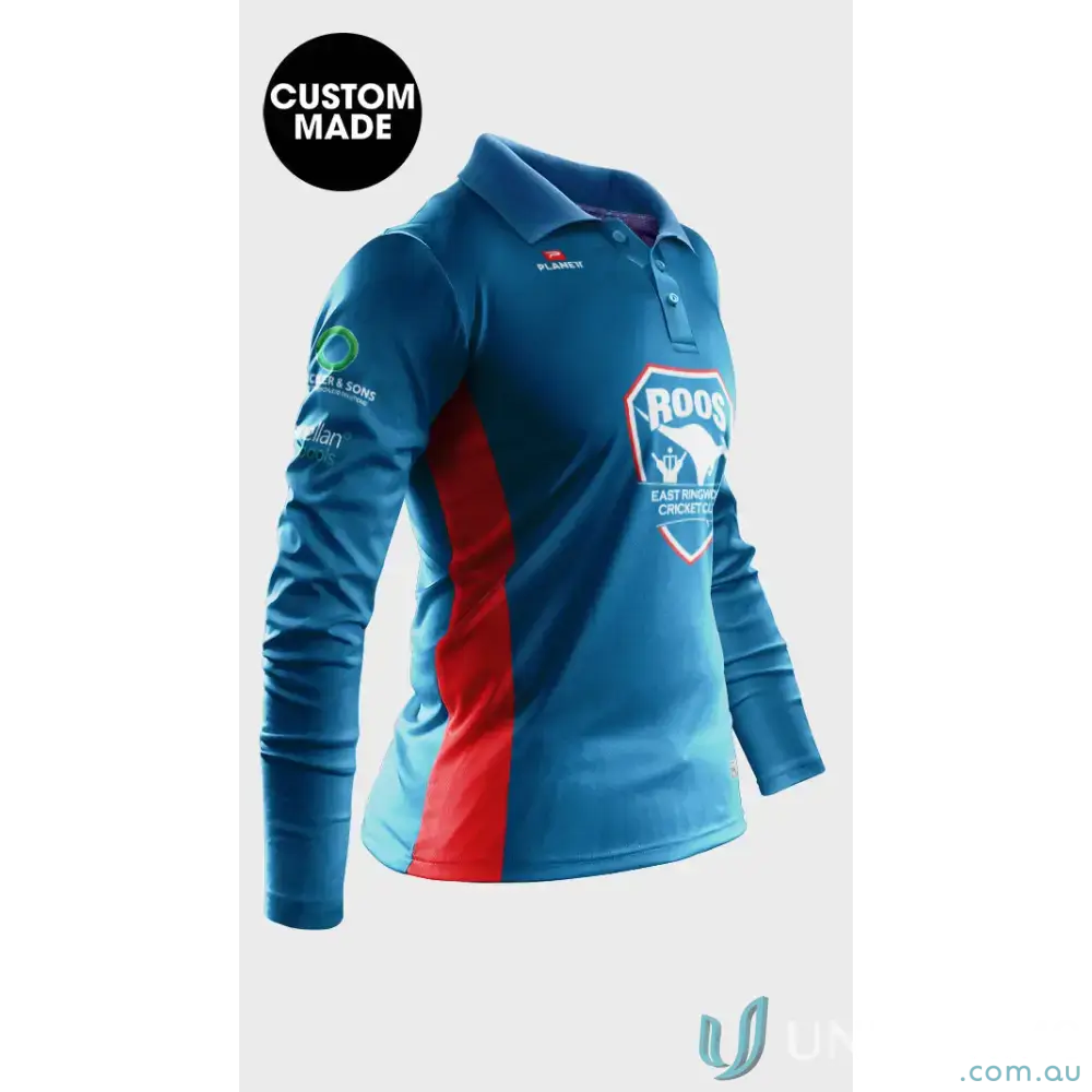 Blue and red long sleeve polo shirt for ERCC Seniors East Ringwood Cricket team
