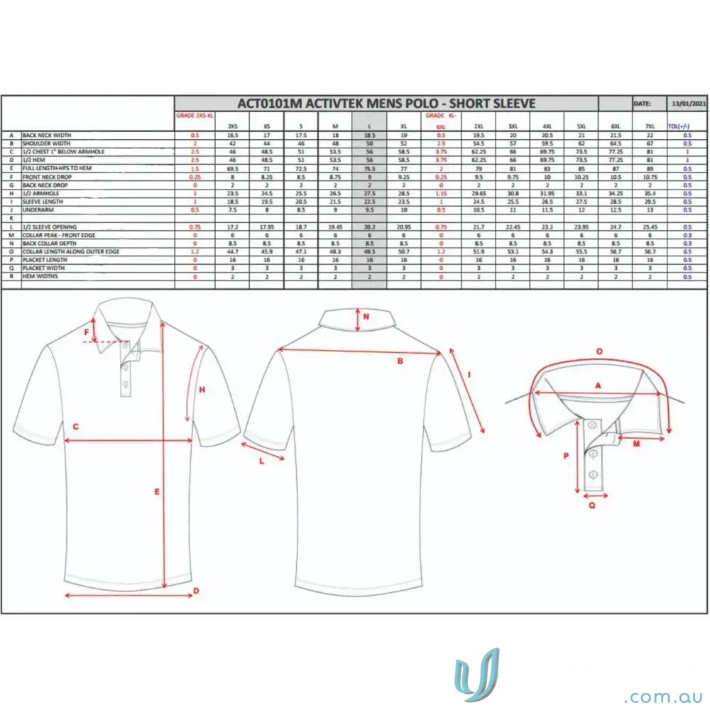 Men’s ERCC Seniors long sleeve polo size chart for East Ringwood Cricket players