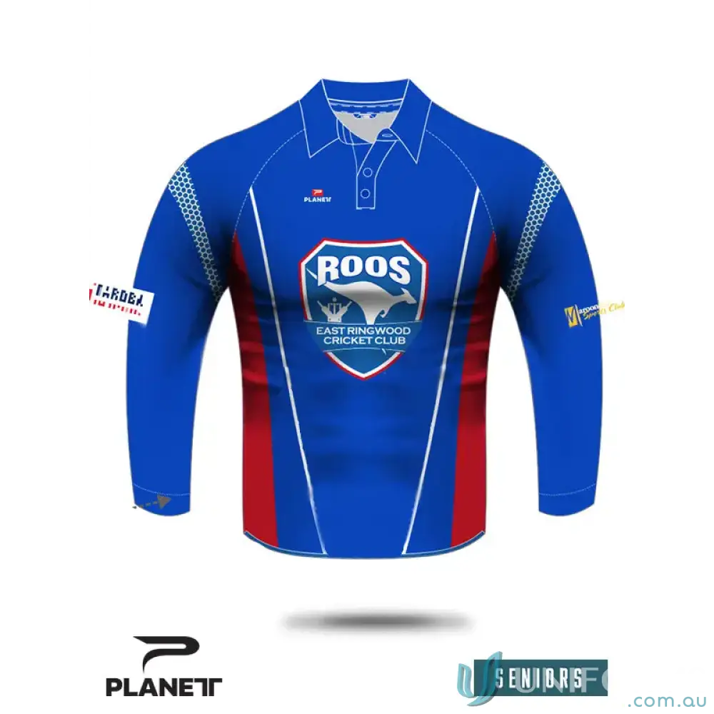 Blue and red long-sleeved cricket shirt from ERCC Seniors SS Polo, cotton polyester blend