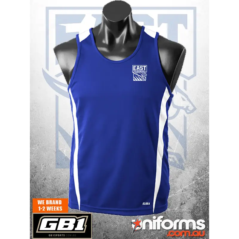 Blue erfc boys training singlet with white side stripes and embroidered logo perfect for sports uniforms and workwear