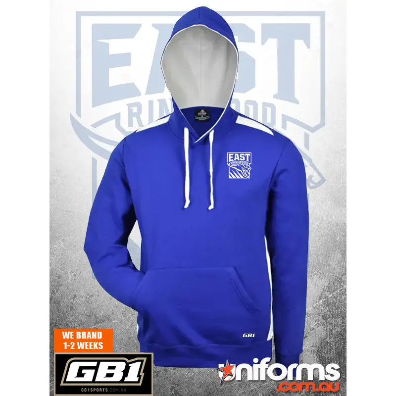 Royal blue erfc hoodie with white drawstrings and gray-lined interior perfect for casual workwear or uniforms