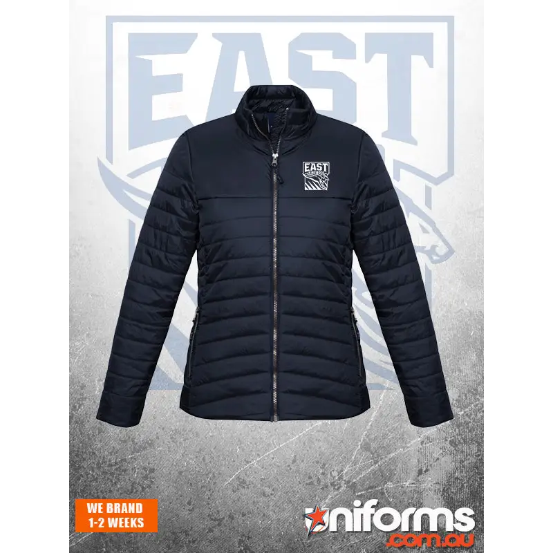 Black ERFC ladies puff jacket with quilted water repellent nylon ripstop