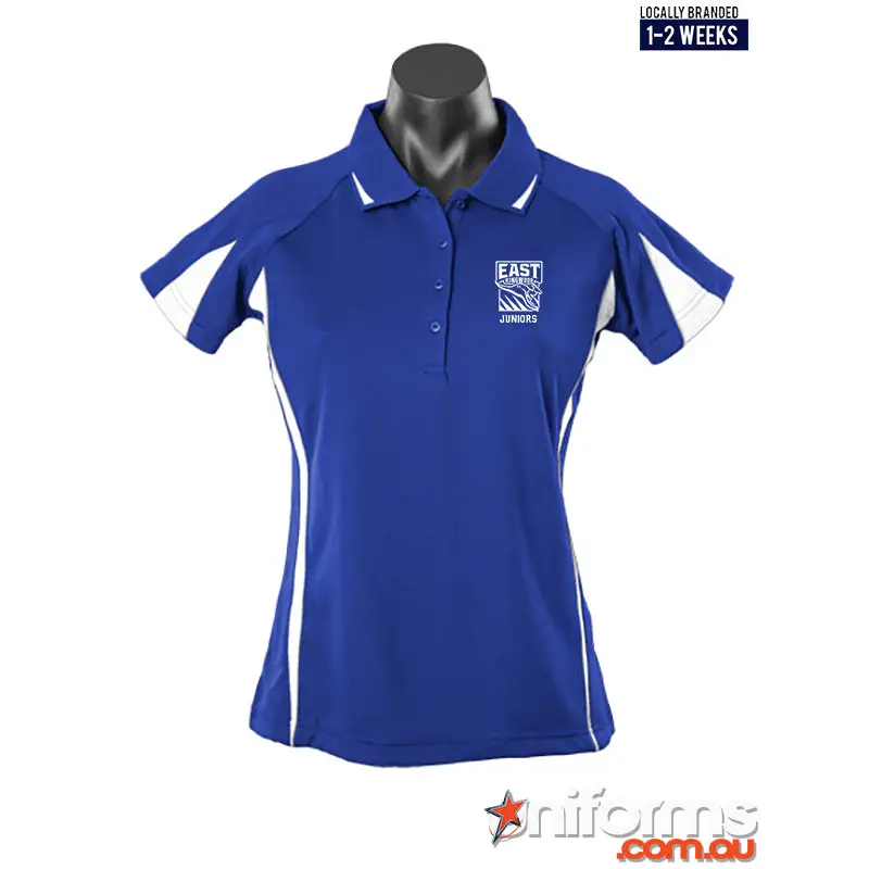 Erfc ladies royal polo in royal blue and white with collar and side panels perfect for work uniforms and workwear