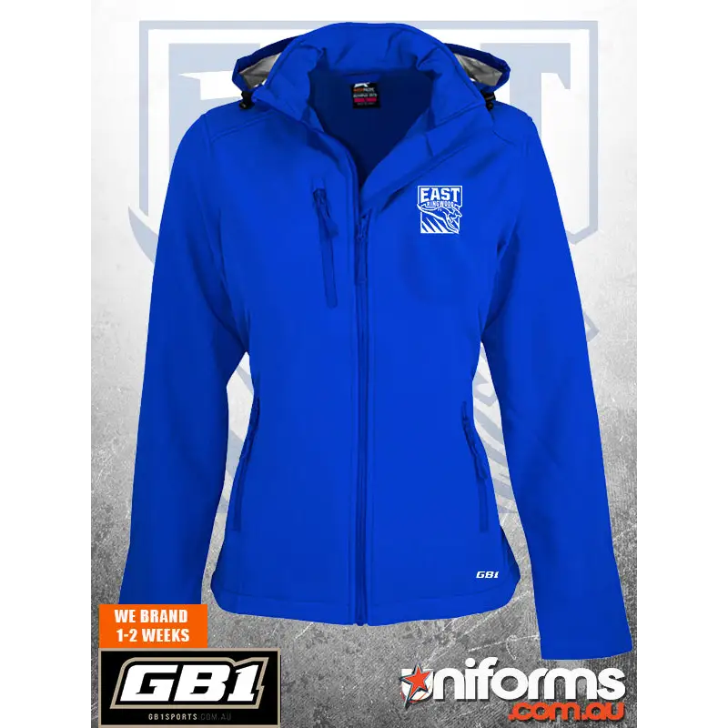 Bright royal blue erfc ladies softshell jacket with white logo and gb1 branding perfect for work uniforms and workwear