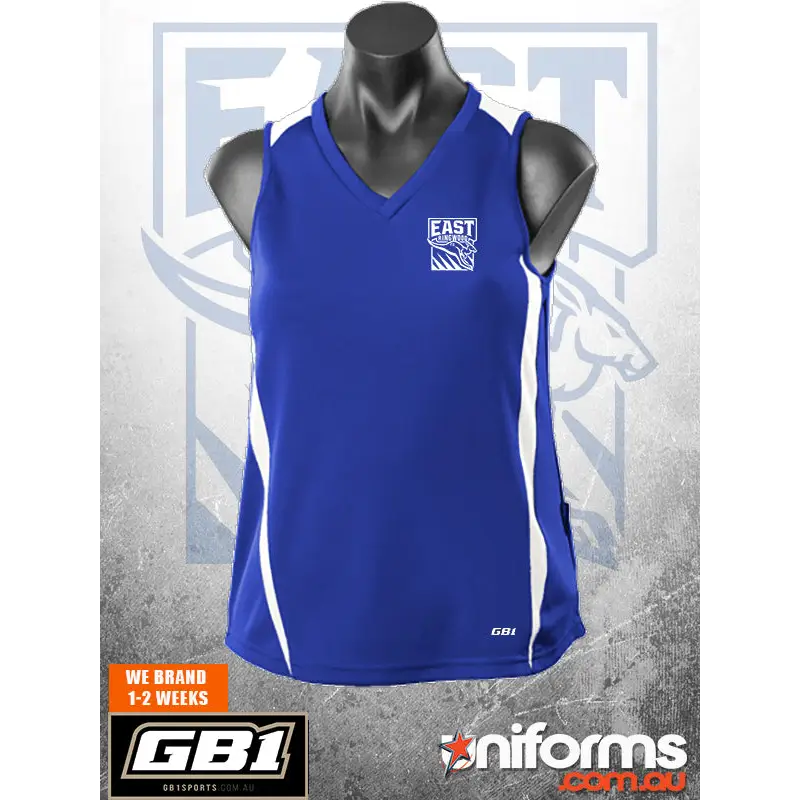 Blue sleeveless athletic jersey with white side stripes and logo, perfect for erfc ladies training uniforms and workwear