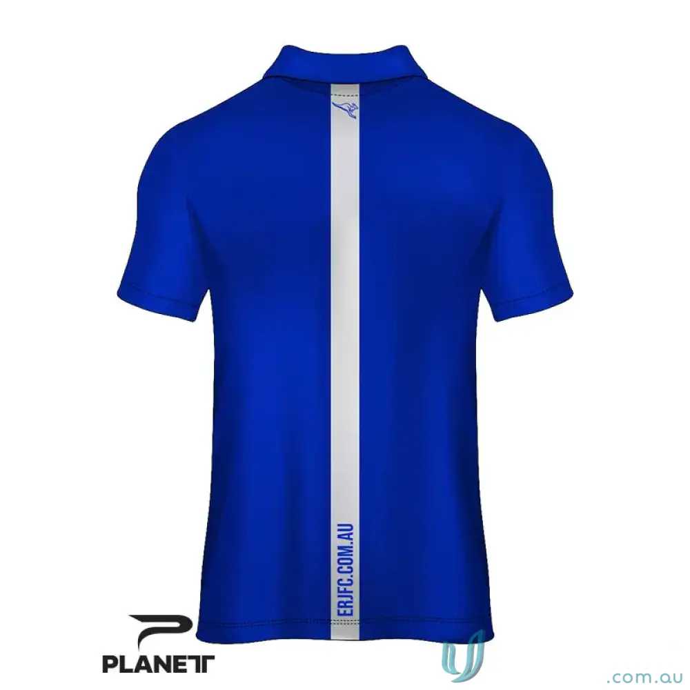 Blue ERJFC Ladies Polo shirt in sports fabric with white stripe, perfect for custom made style