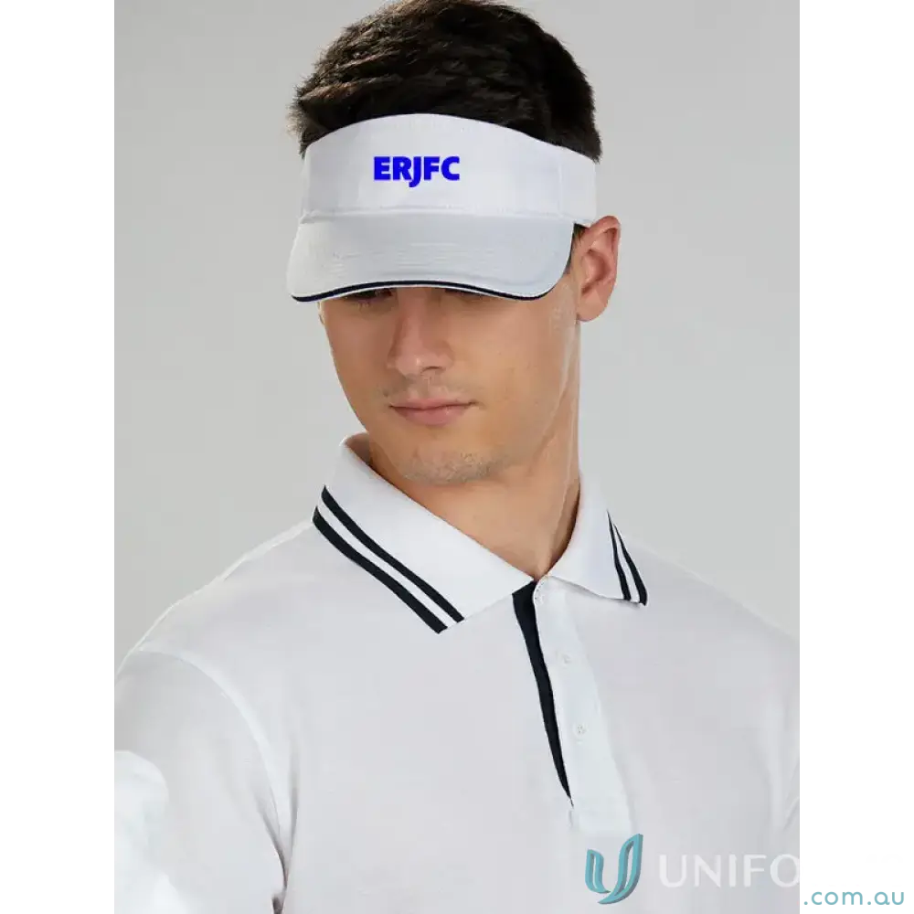 White ERJFC Visor Cap with blue text, short velcro crossover, and cotton twill fabric