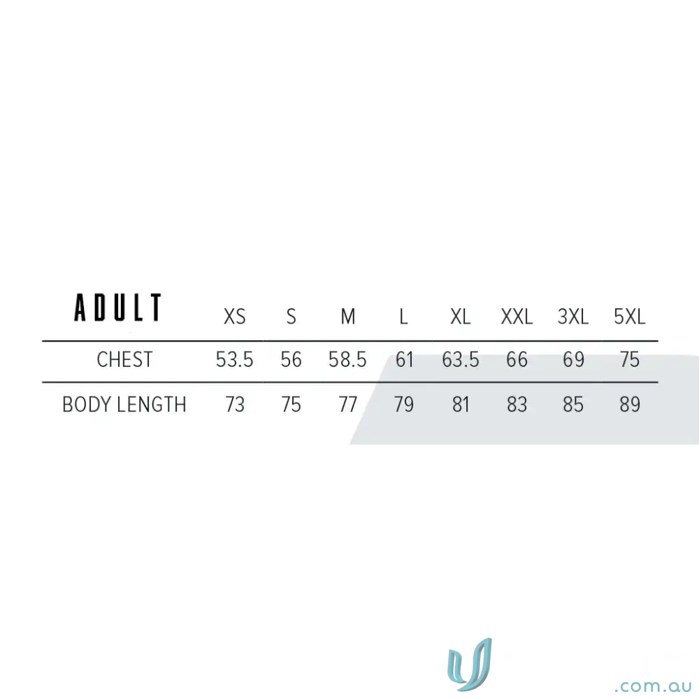 Size chart for ERNC Adult Hoodie showing important order features and sizes from XS to 5XL