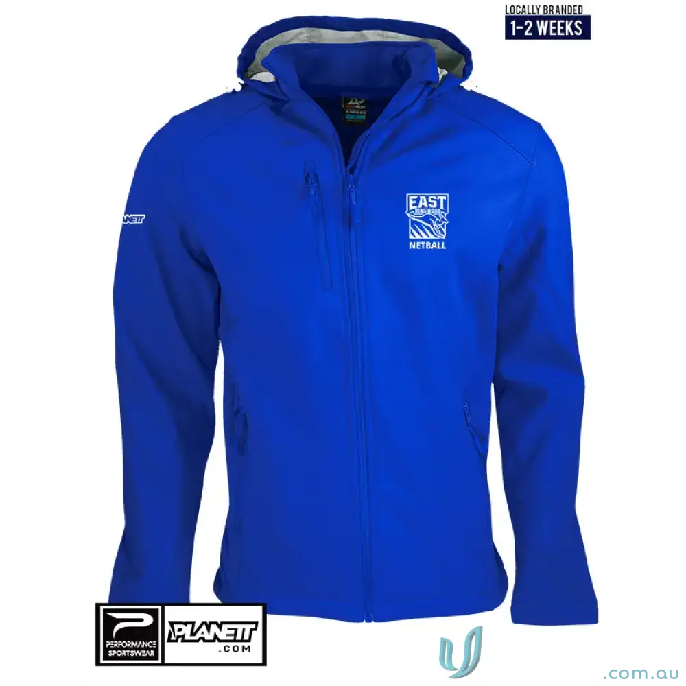 Blue hooded ERNC Adult Softshell Jacket made with polyester bonded fleece for Ringwood Netball Club