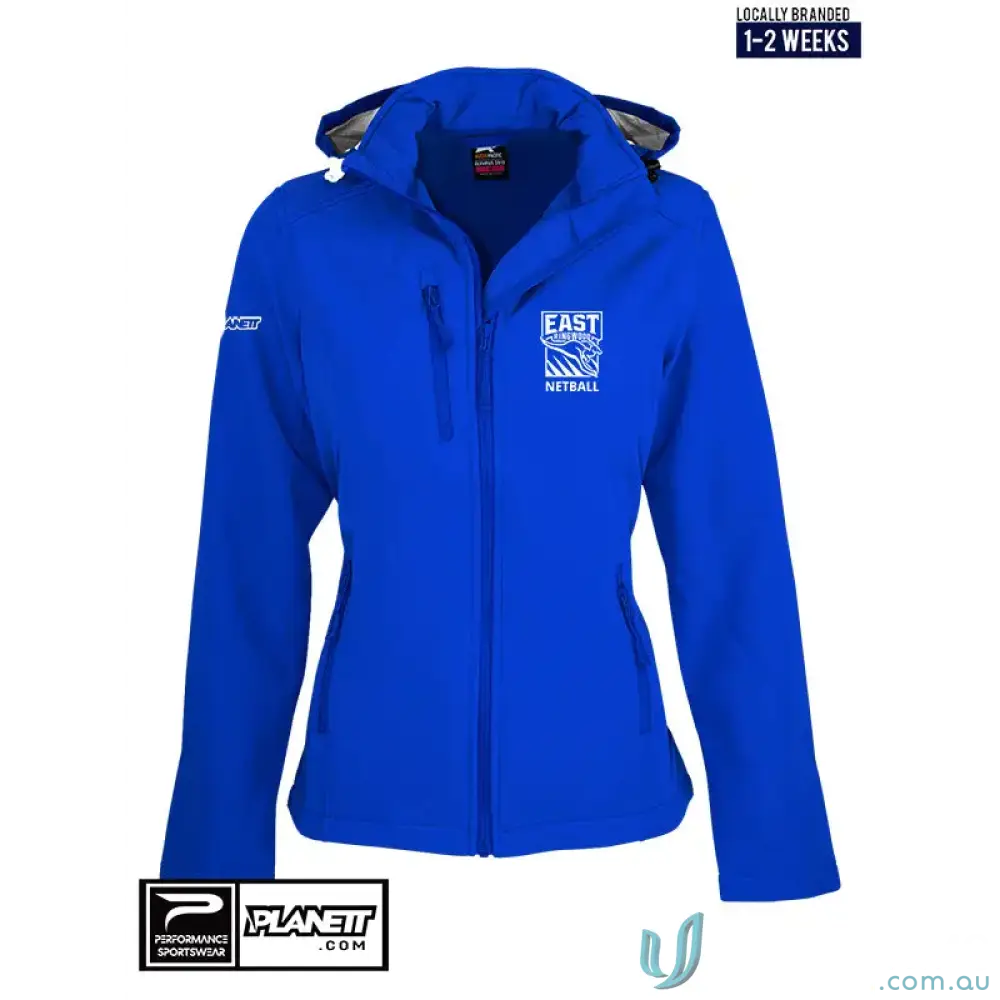 Blue hooded ERNC Ladies Softshell Jacket made with polyester bonded fleece for Ringwood Netball Club