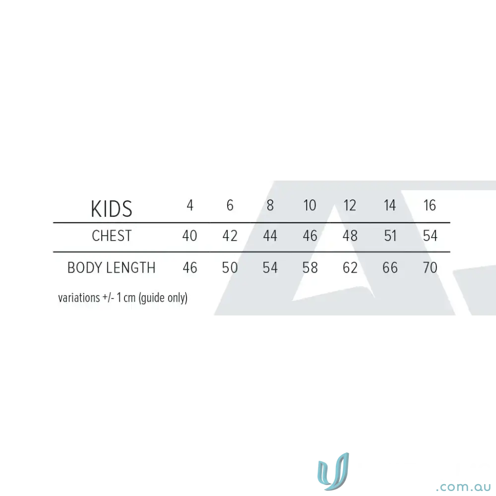 Kids’ clothing size chart with chest and length for ERNC Youth Hoodie uniforms