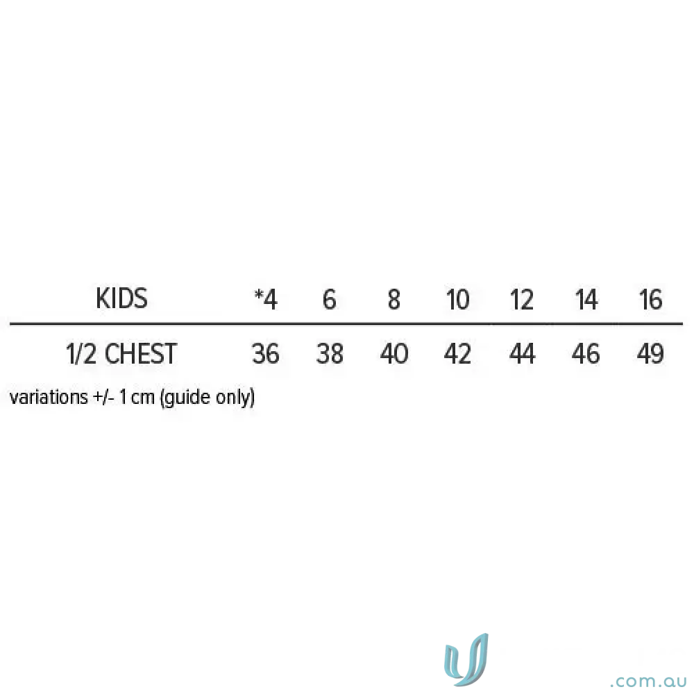 Kids clothing size chart for ERNC Youth Polo in vibrant blue with sport-specific fit